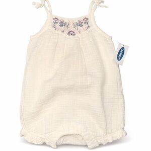 Old Navy Cream Baby Romper with Pink & Blue Floral Embroidery
